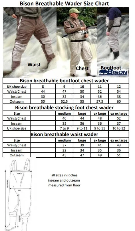 BISON BREATHABLE CHEST WADERS COMPLETE WITH FELT OR RUBBER SOLE MK2 WADING BOOTS