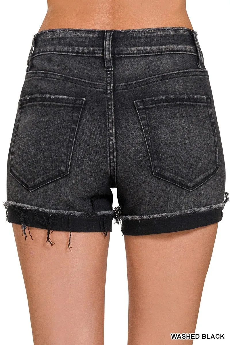 Black Raw Hem Denim Shorts