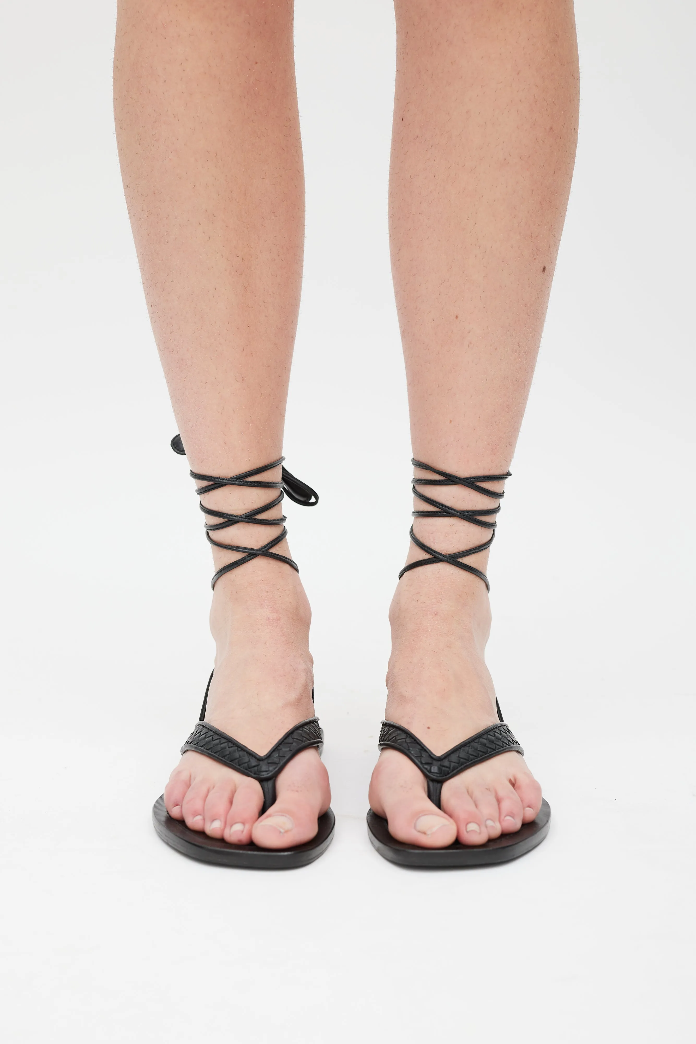 Black Woven Leather Lace Up Sandal