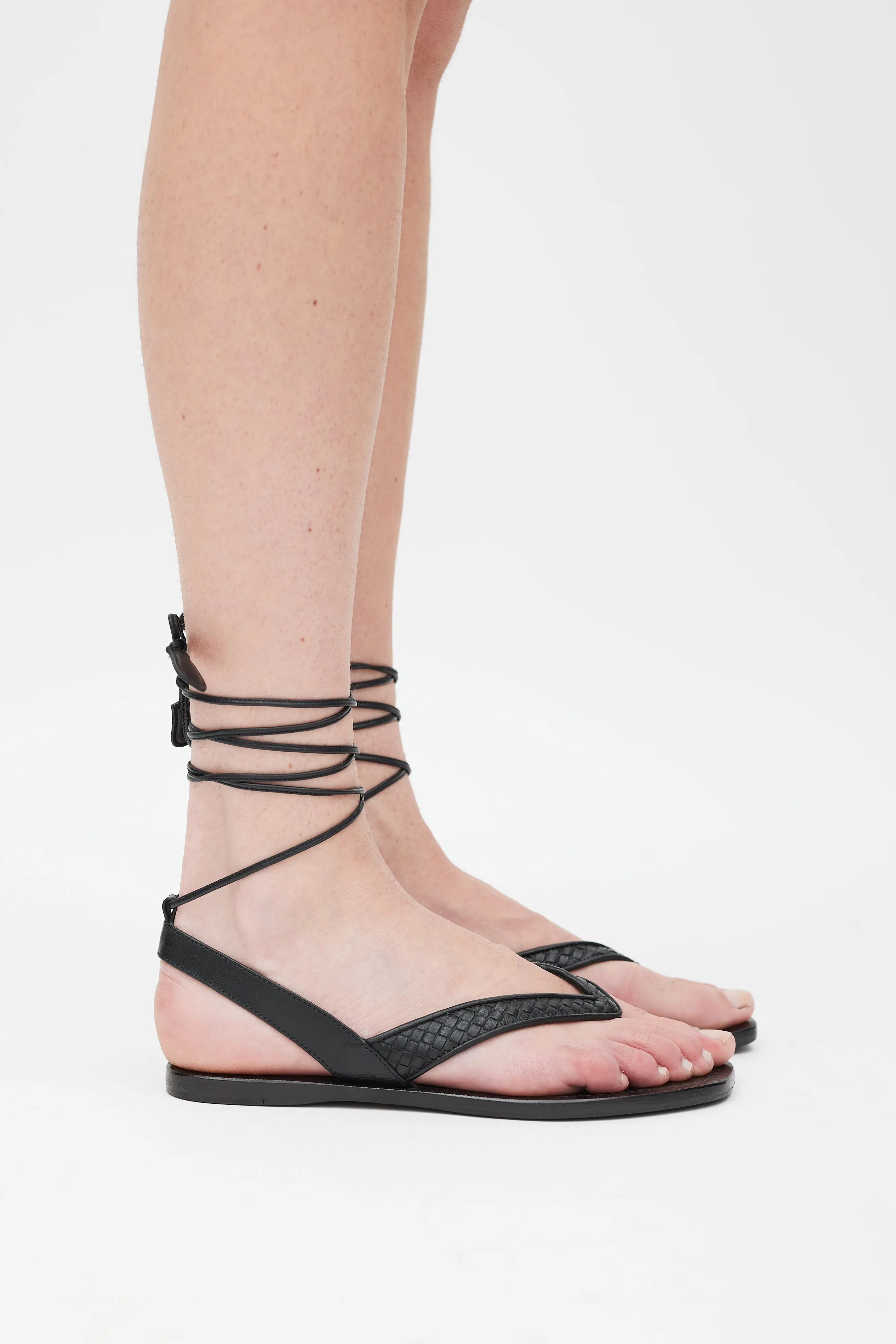 Black Woven Leather Lace Up Sandal