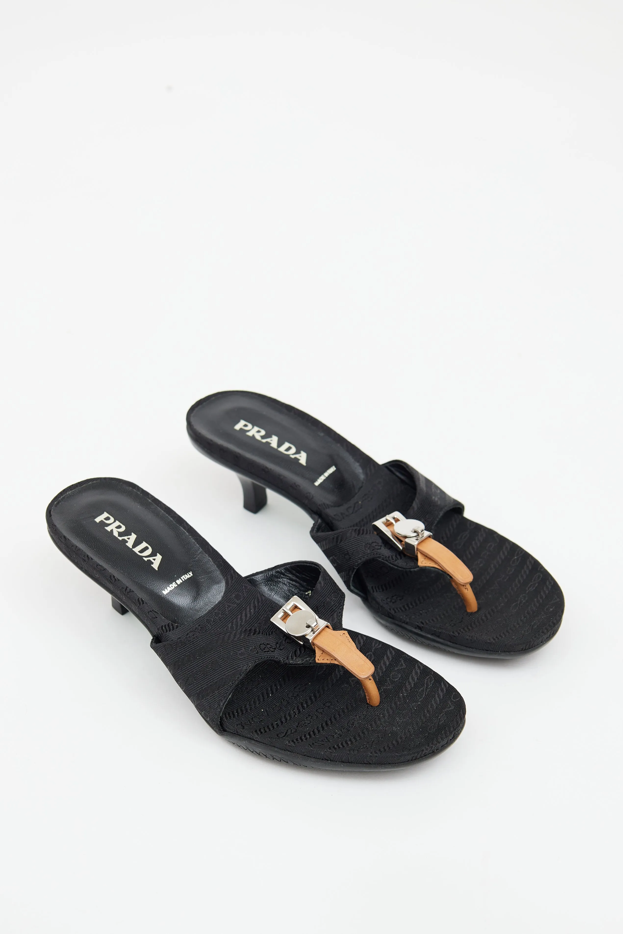 Black Woven Logo T-Strap Sandal
