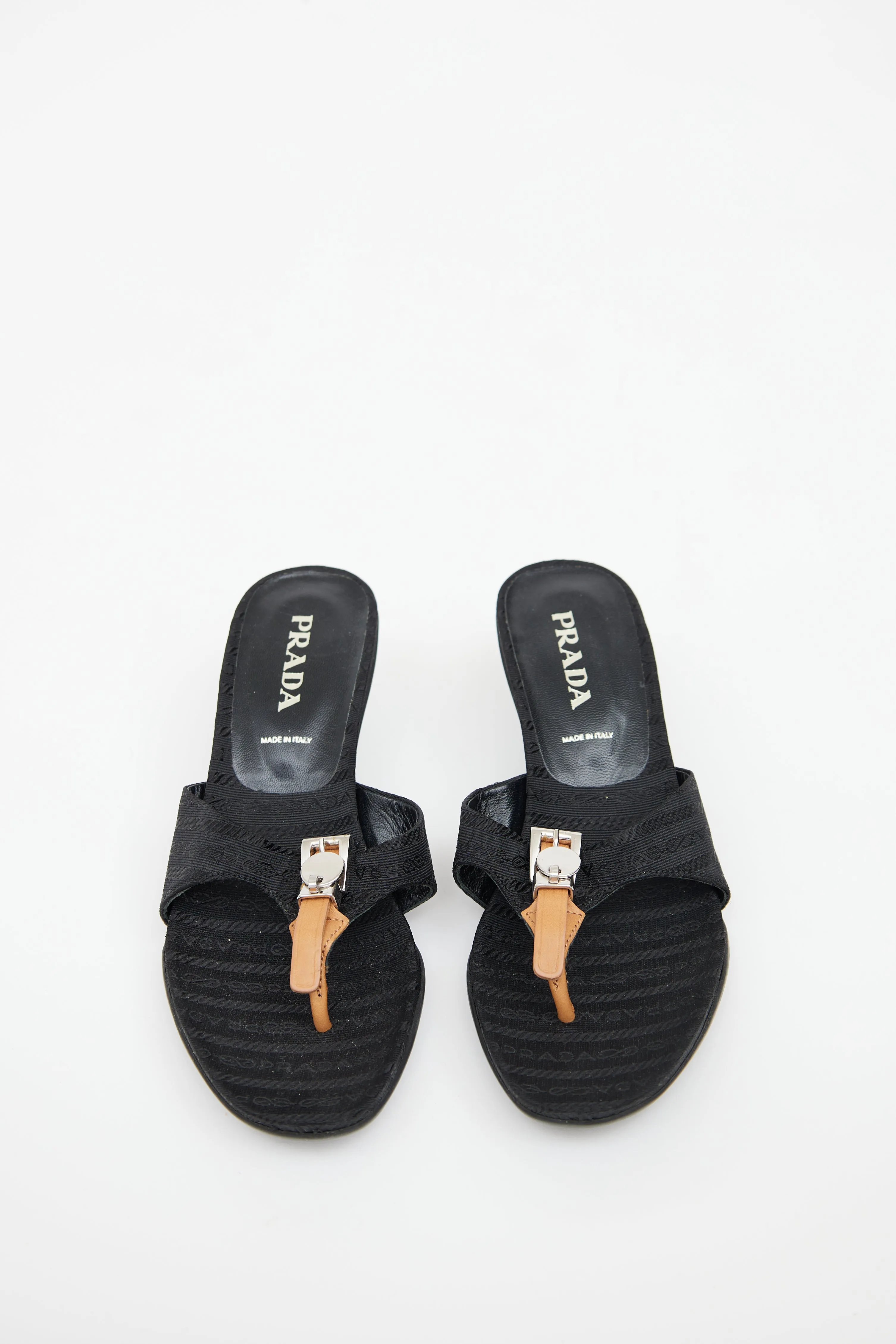 Black Woven Logo T-Strap Sandal