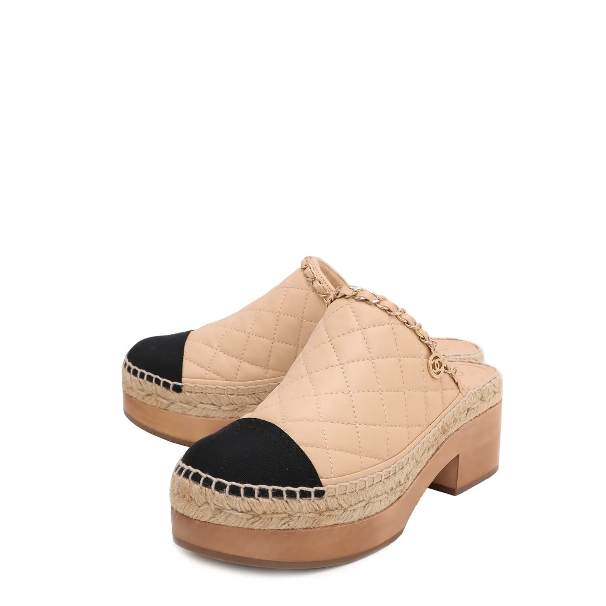 Chanel Bicolor CC Chain Espadrille Wooden Mules 38