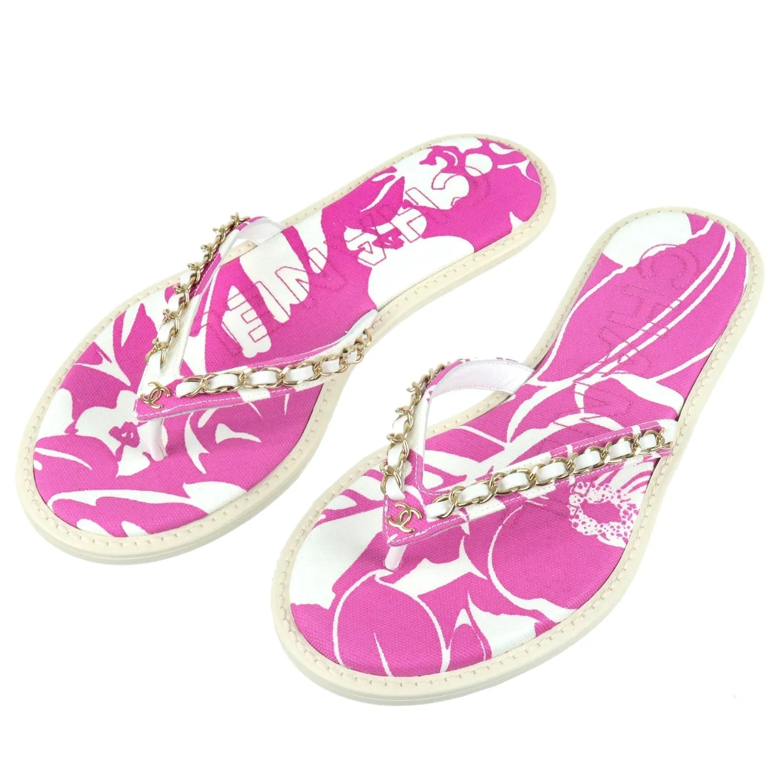 CHANEL Coco Beach Flip Flop Canvas Leather Pink US5.5 EUR36 G35965 Used