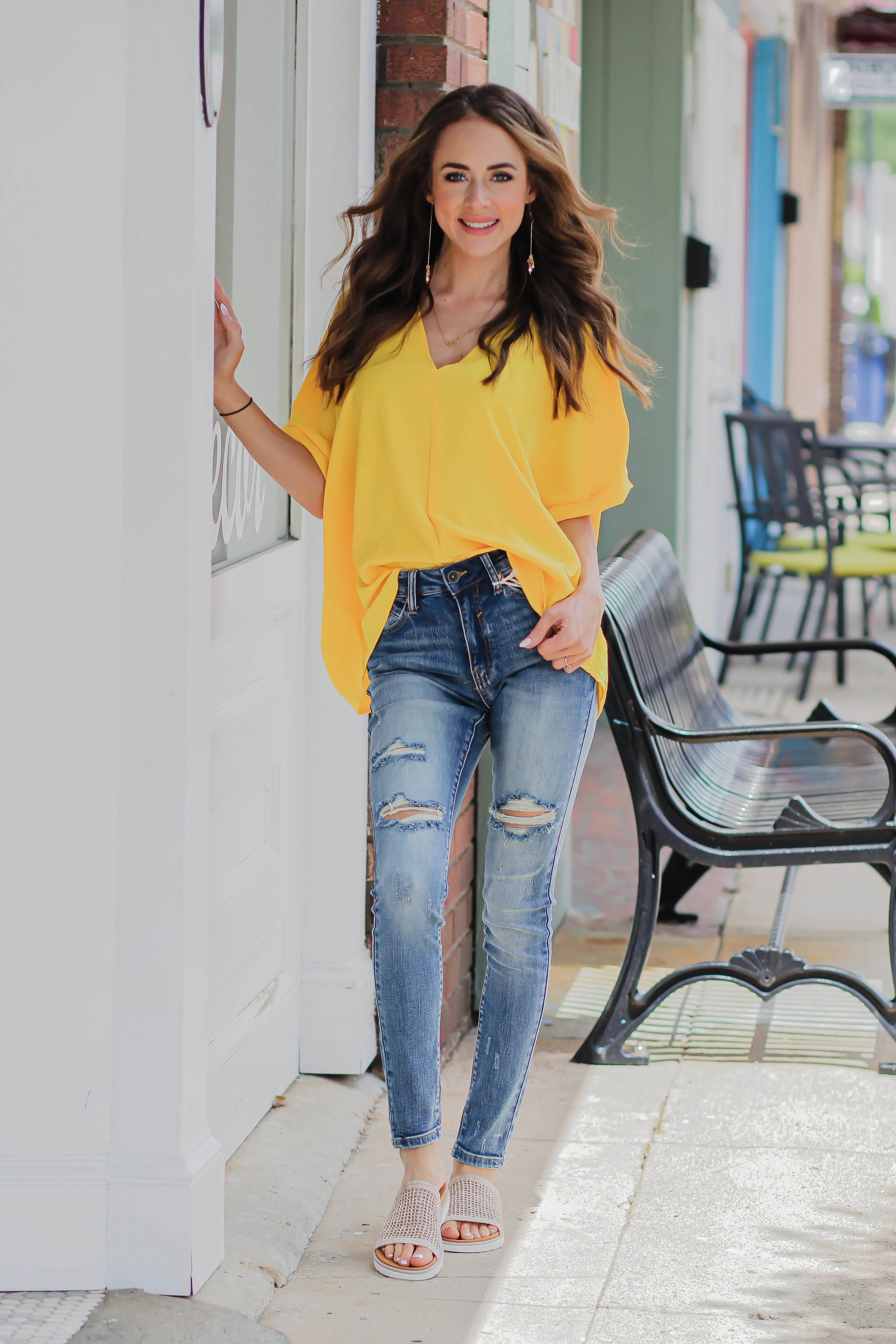 Golden V Neck Woven Short Sleeve Blouse