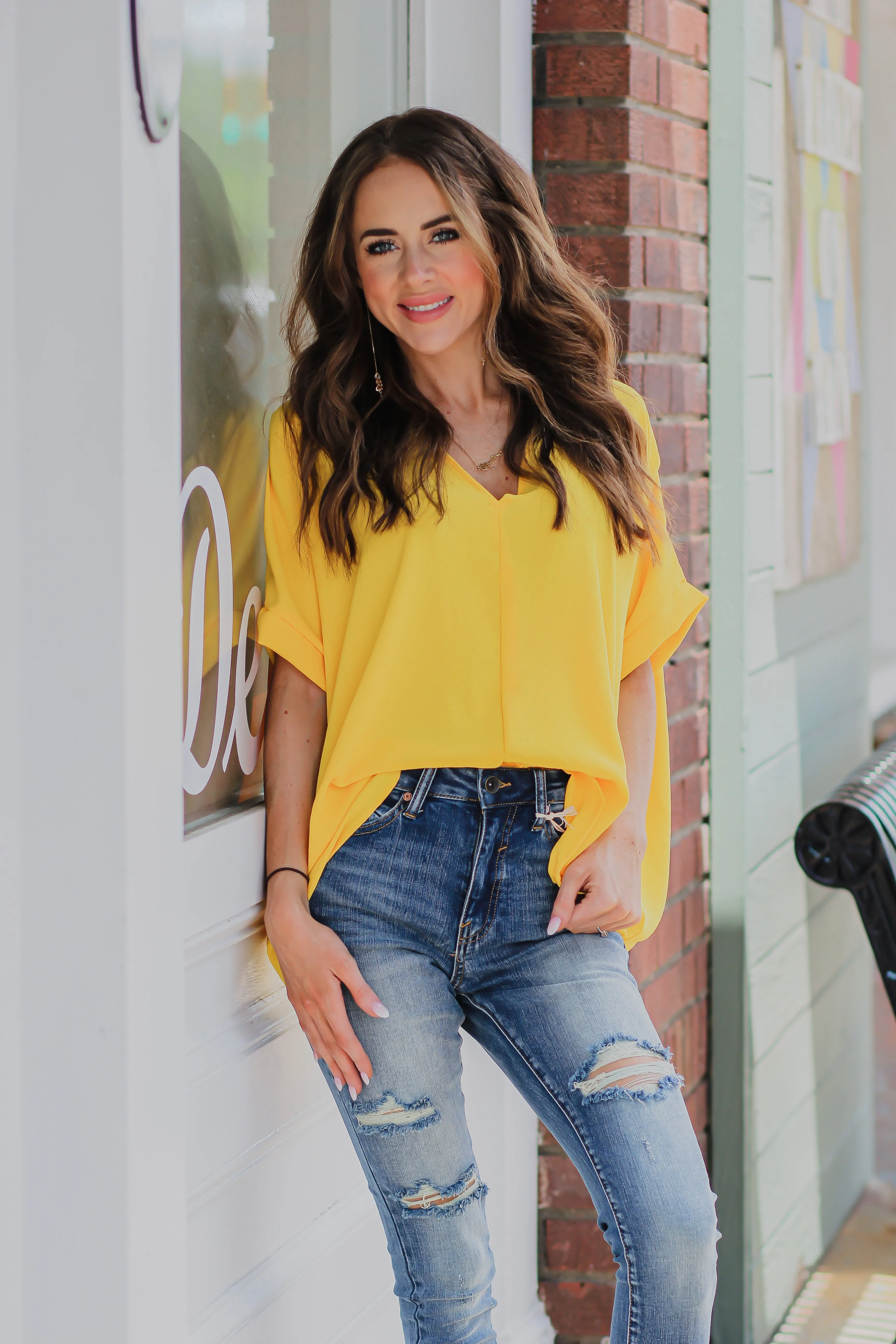 Golden V Neck Woven Short Sleeve Blouse