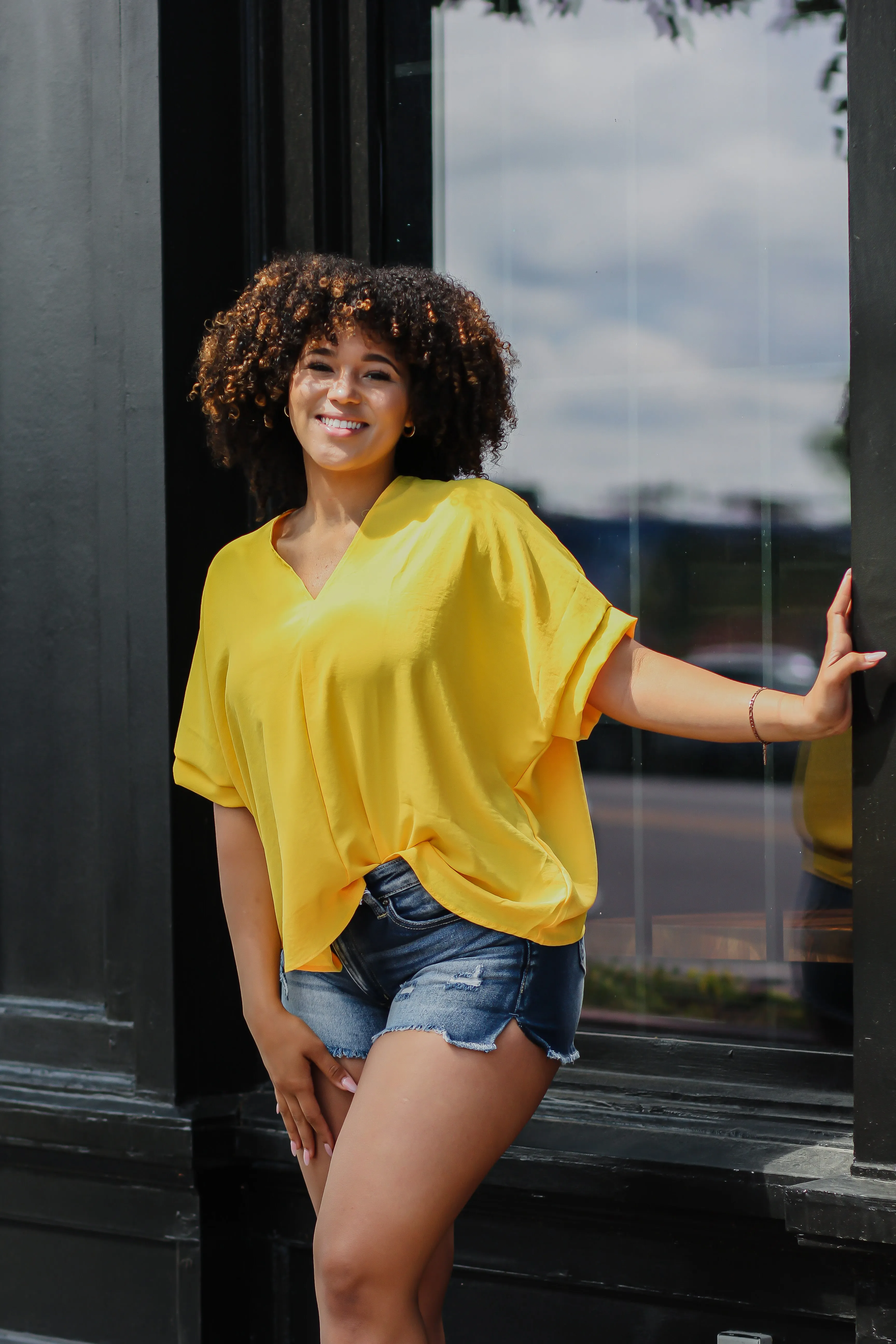 Golden V Neck Woven Short Sleeve Blouse