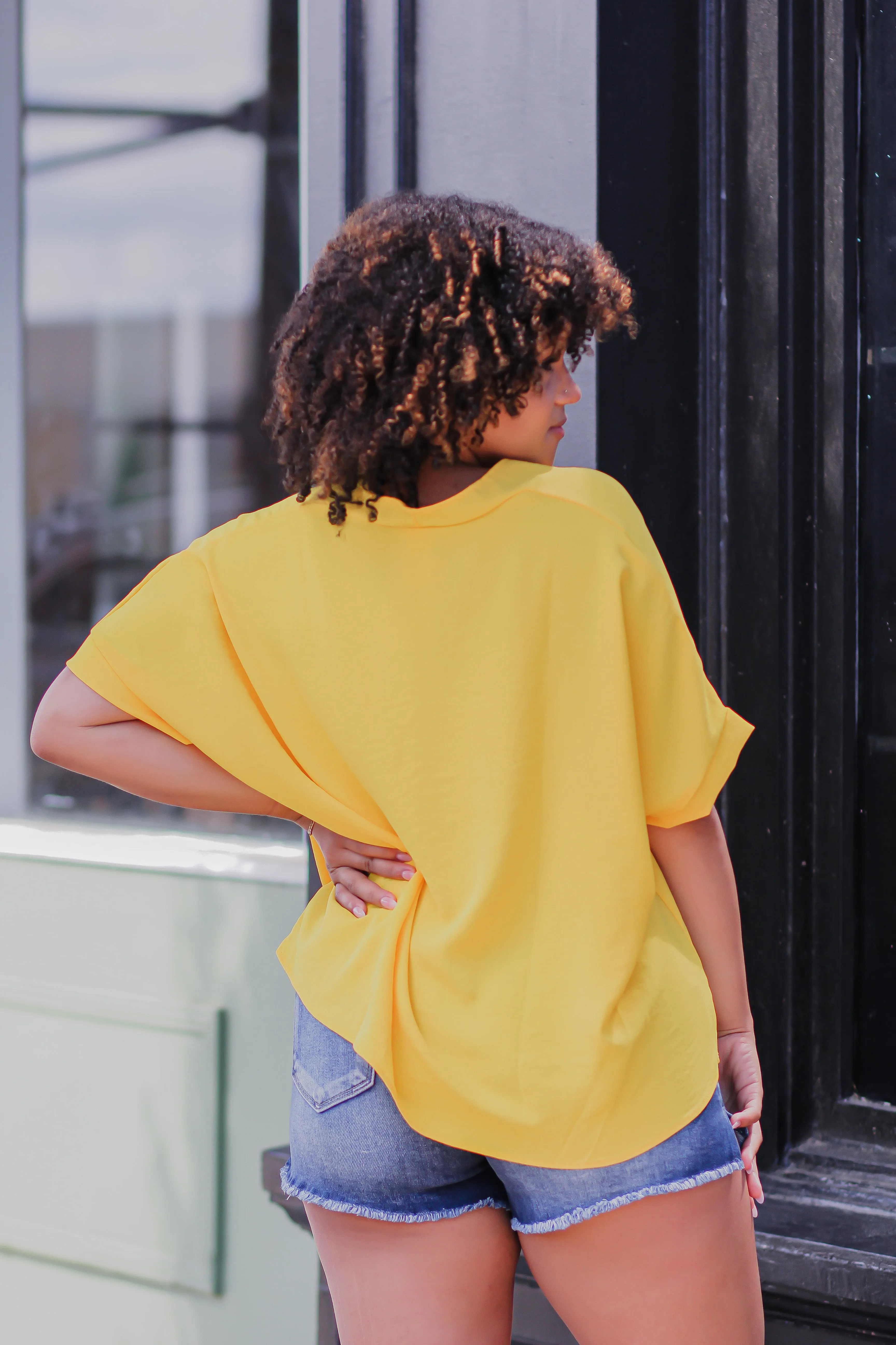 Golden V Neck Woven Short Sleeve Blouse