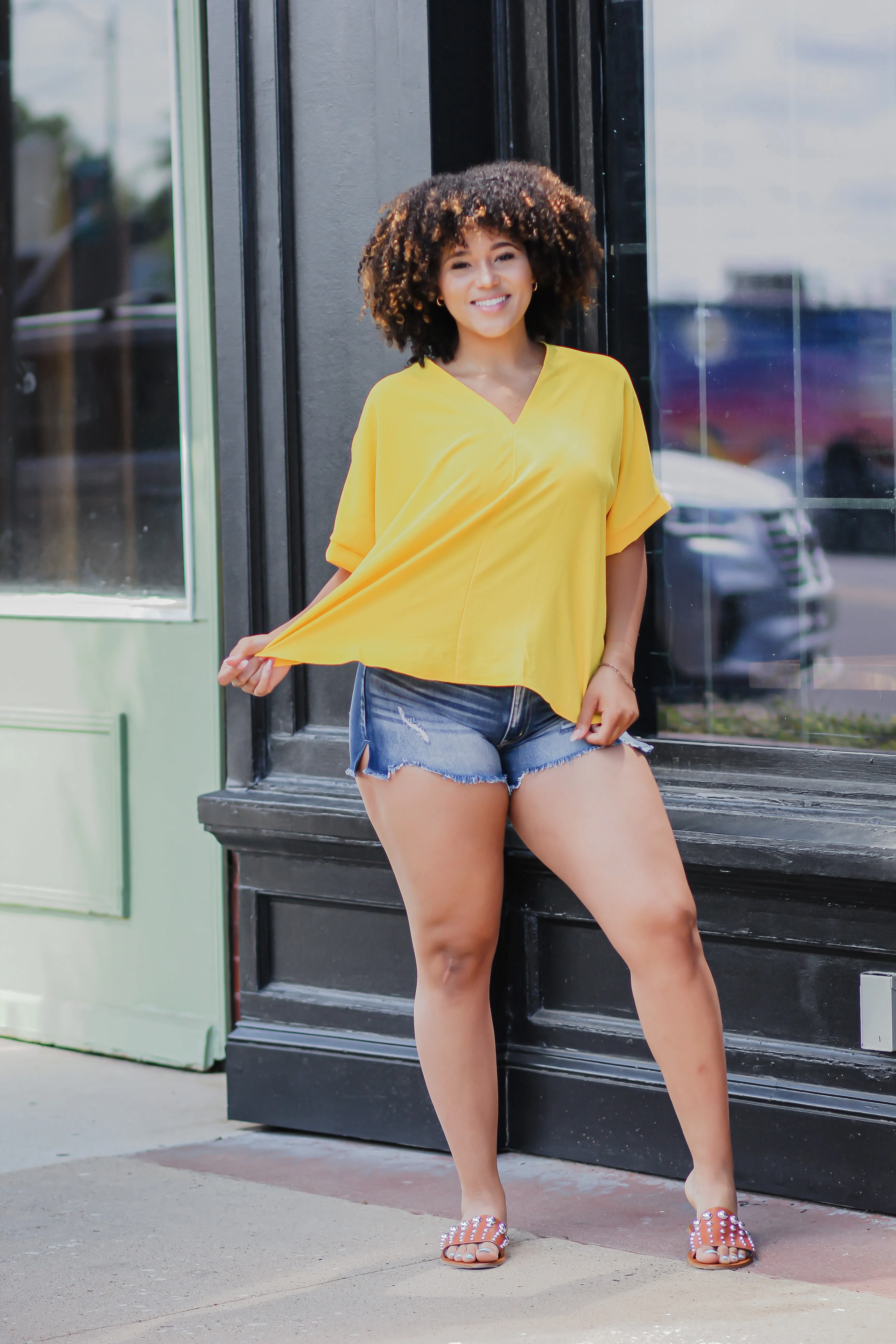 Golden V Neck Woven Short Sleeve Blouse