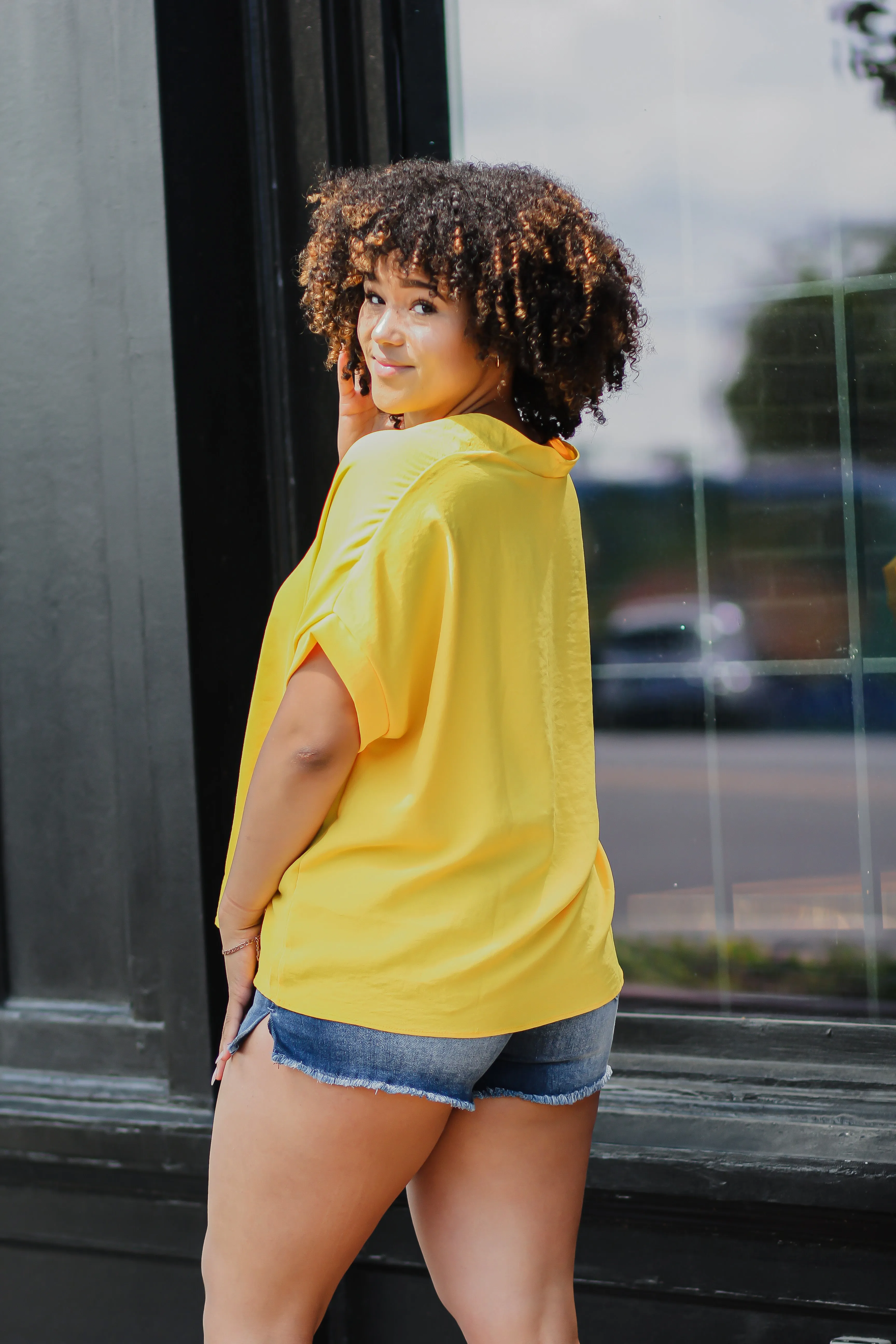Golden V Neck Woven Short Sleeve Blouse