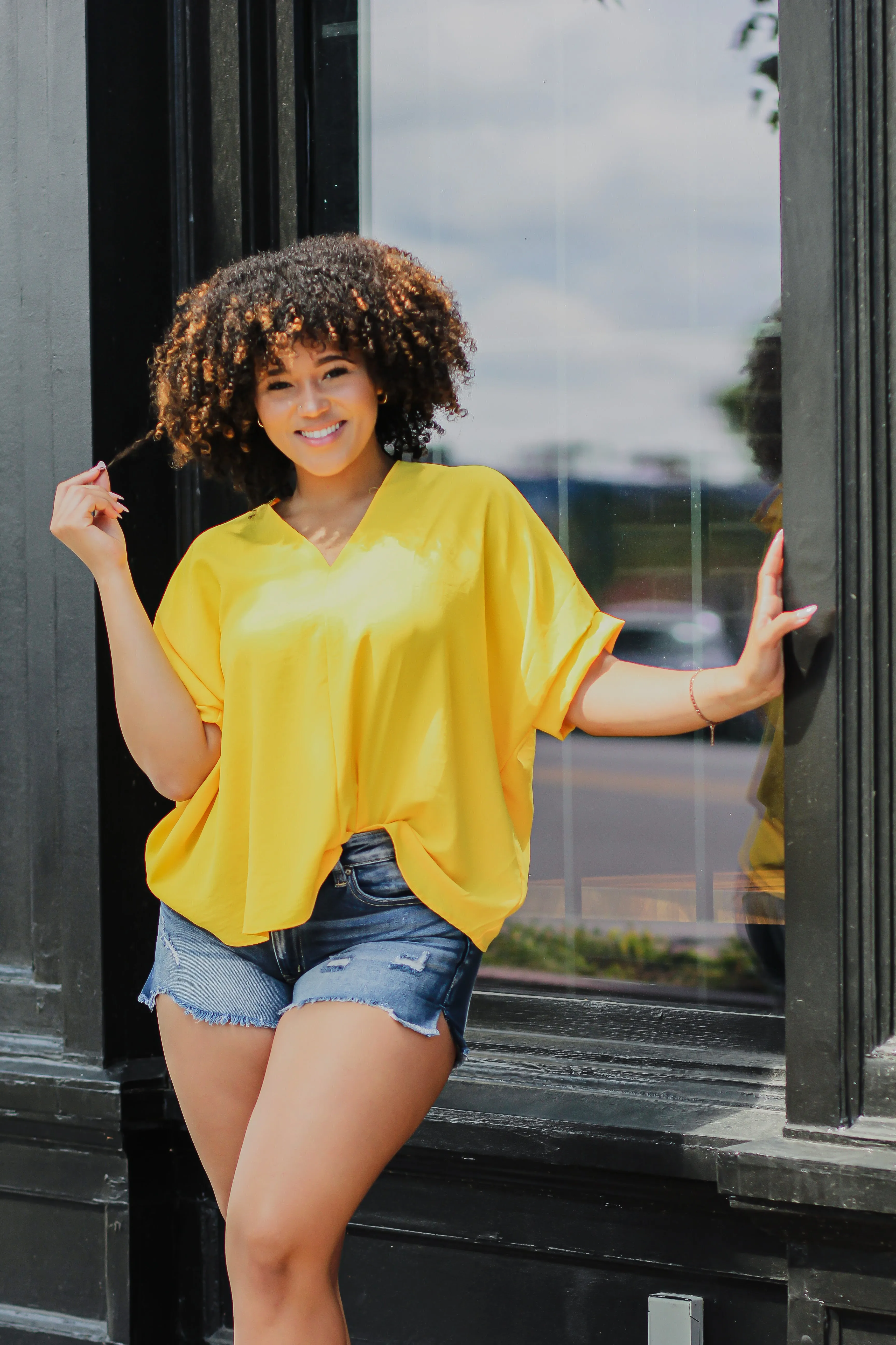 Golden V Neck Woven Short Sleeve Blouse