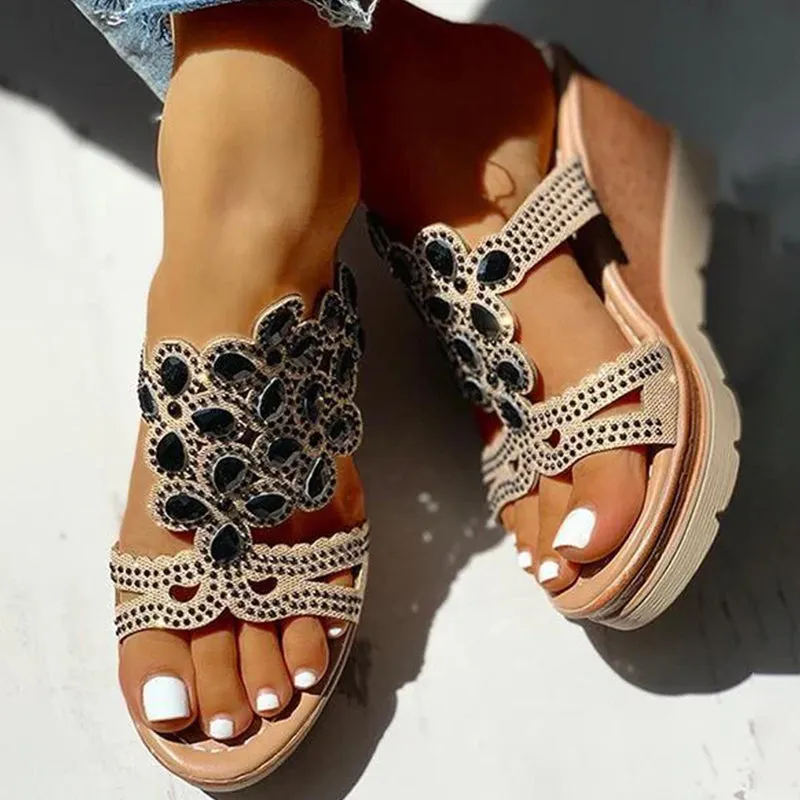 hulianfu Casual Rhinestone Opend Wedges Shoes