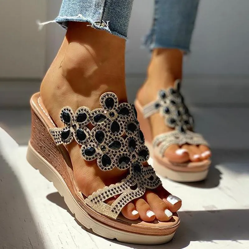 hulianfu Casual Rhinestone Opend Wedges Shoes