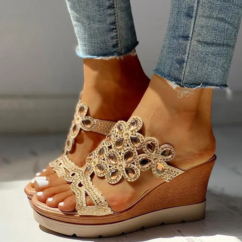 hulianfu Casual Rhinestone Opend Wedges Shoes