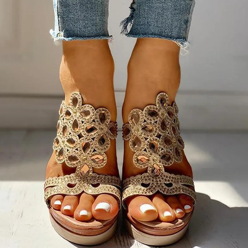 hulianfu Casual Rhinestone Opend Wedges Shoes