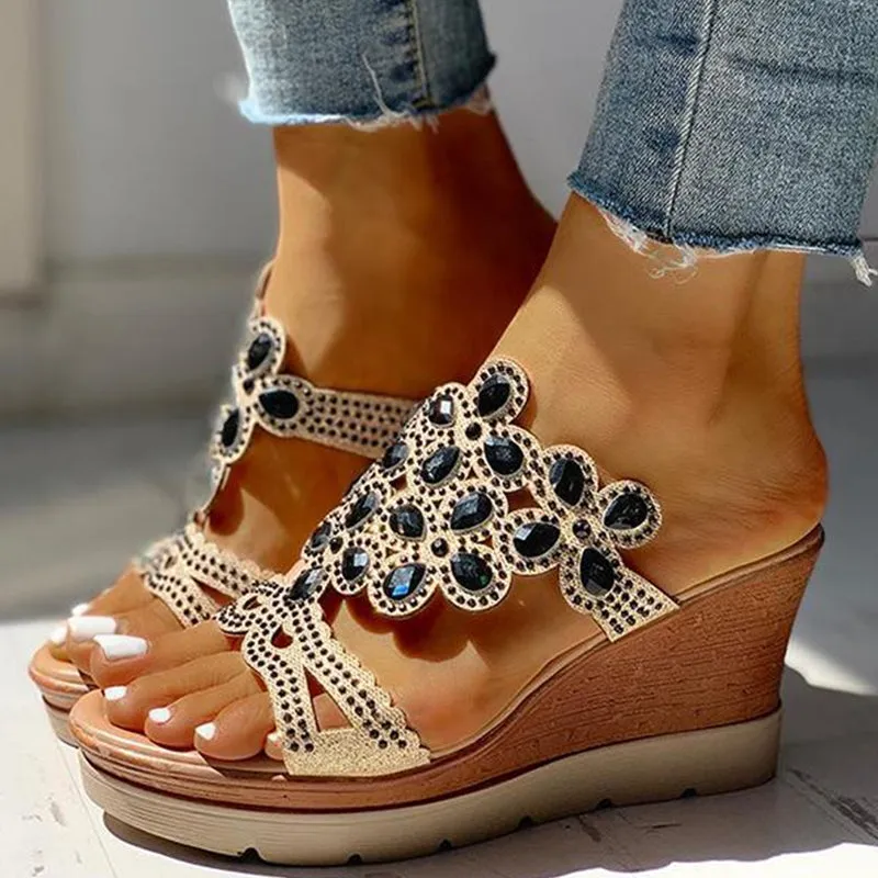 hulianfu Casual Rhinestone Opend Wedges Shoes