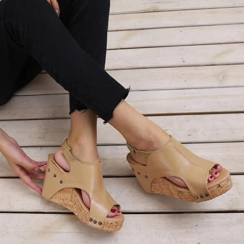 hulianfu Casual Simplicity Patchwork Fish Mouth Wedges Shoes