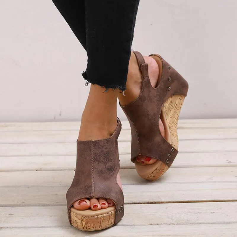 hulianfu Casual Simplicity Patchwork Fish Mouth Wedges Shoes
