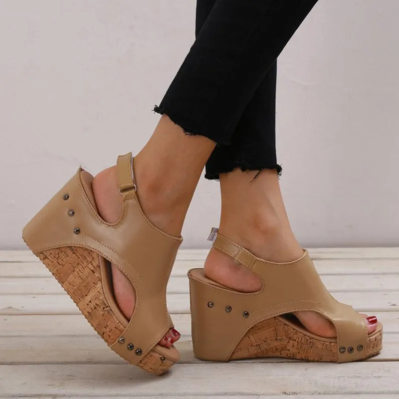 hulianfu Casual Simplicity Patchwork Fish Mouth Wedges Shoes