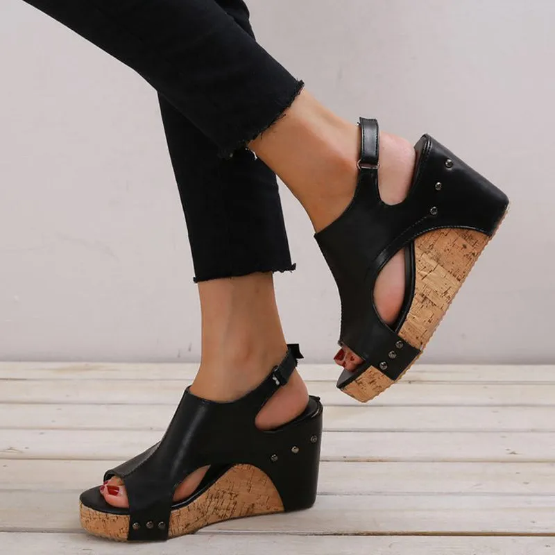 hulianfu Casual Simplicity Patchwork Fish Mouth Wedges Shoes