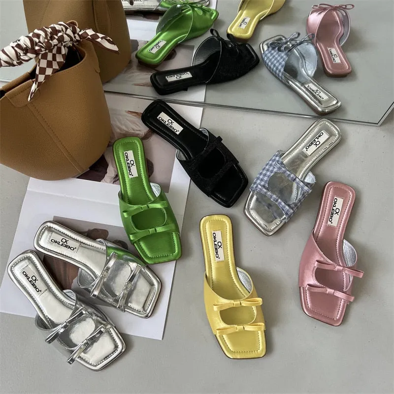 hulianfu  Summer Candy Leather Beach Shoes Women Bow Flat Slippers Women's Shoes Simple Slides Open Toe Flat Slippers for Women J685