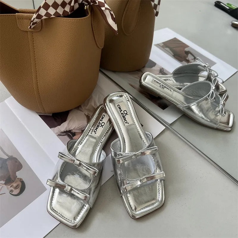 hulianfu  Summer Candy Leather Beach Shoes Women Bow Flat Slippers Women's Shoes Simple Slides Open Toe Flat Slippers for Women J685