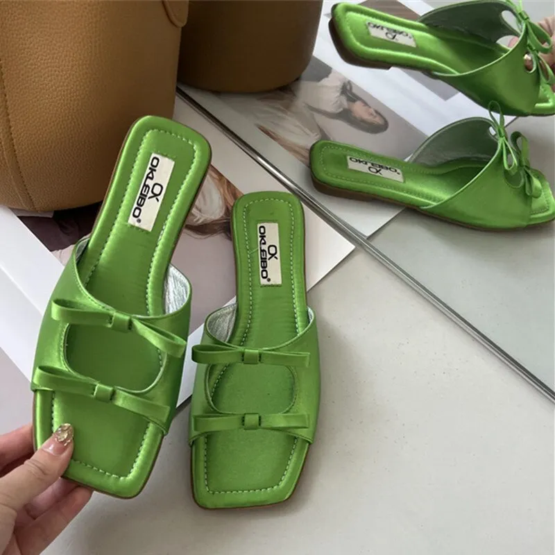 hulianfu  Summer Candy Leather Beach Shoes Women Bow Flat Slippers Women's Shoes Simple Slides Open Toe Flat Slippers for Women J685
