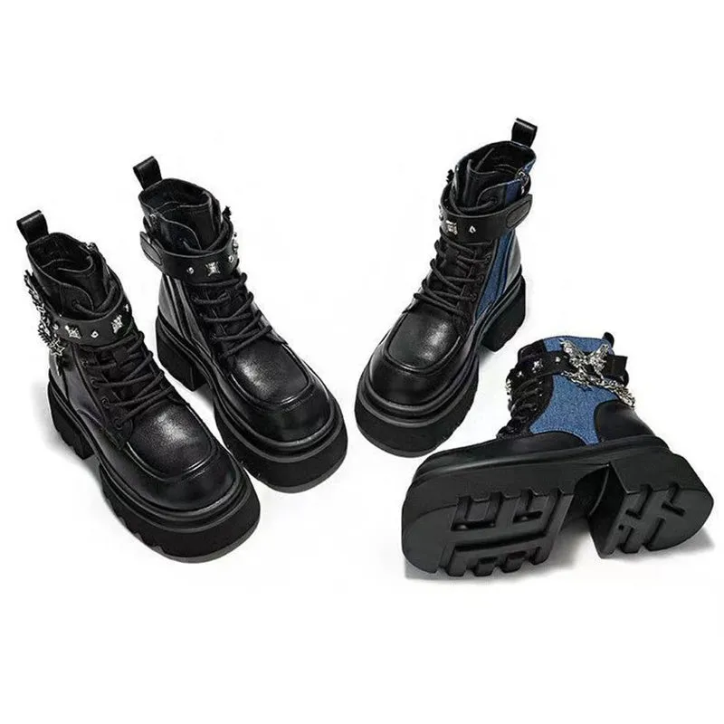 Round Toe Boots with Butterfly Chain Accent