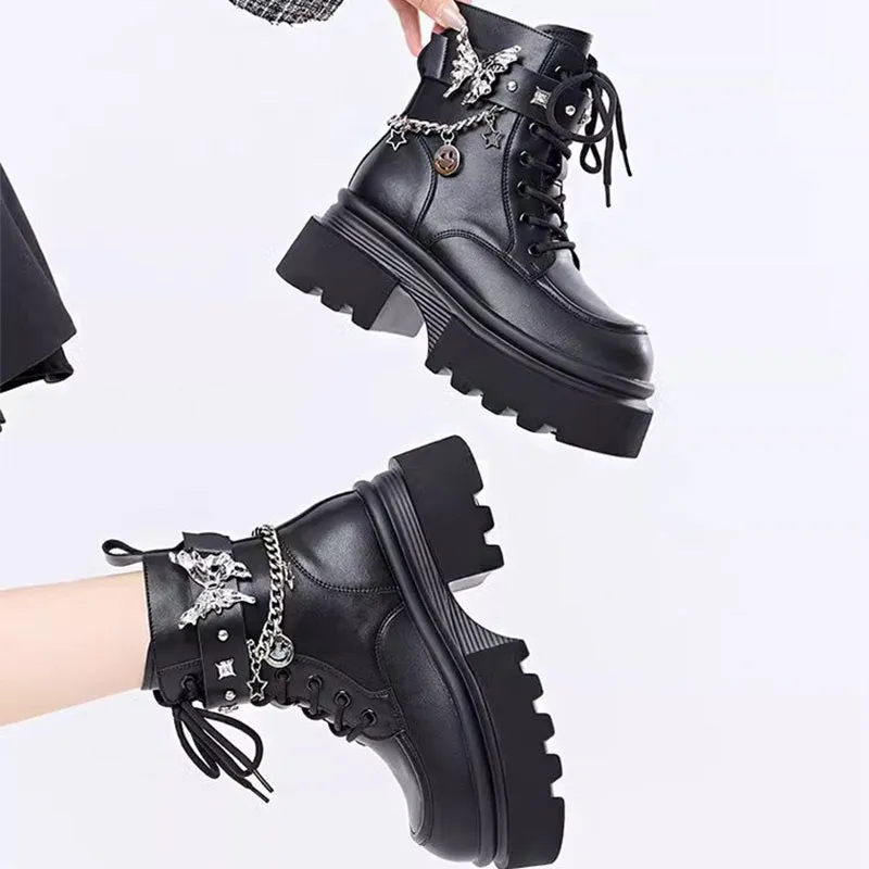 Round Toe Boots with Butterfly Chain Accent