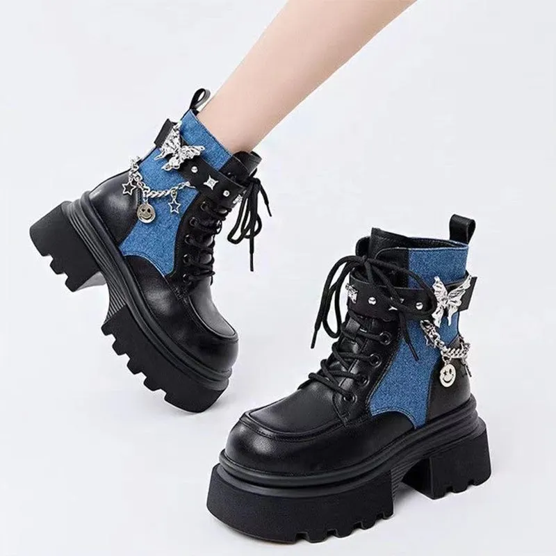 Round Toe Boots with Butterfly Chain Accent