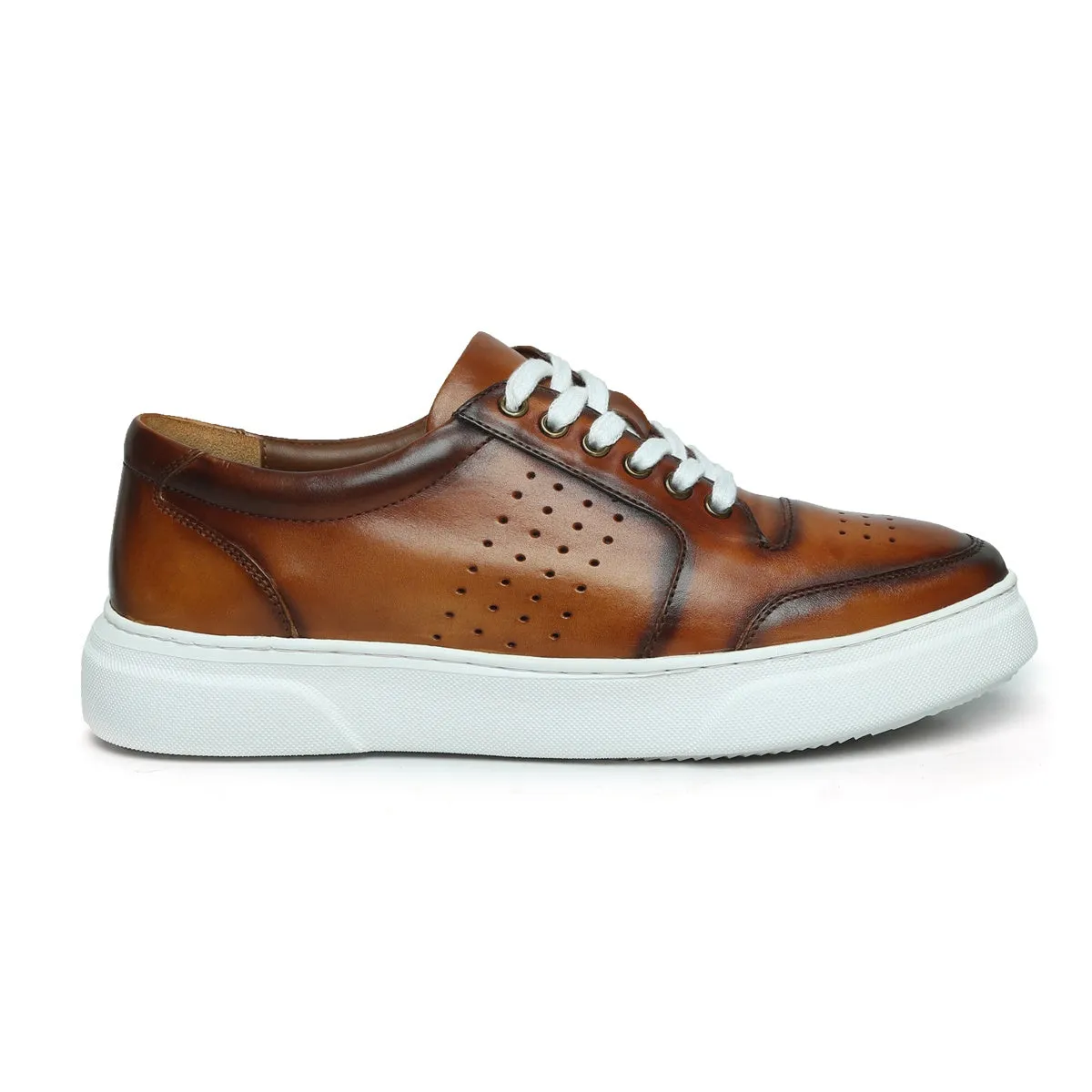 Tan Burnished Leather Low Top Perforated Sneakers by Brune & Bareskin