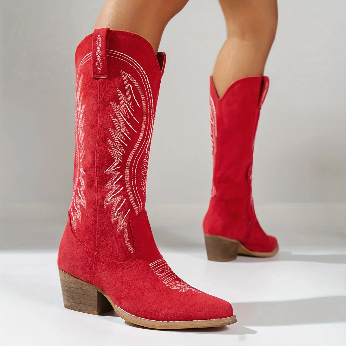 Women's Chunky Heel Cowboy Boots, Fashion Point Toe Dress Boots, Women's Stylish Mid Calf Boots