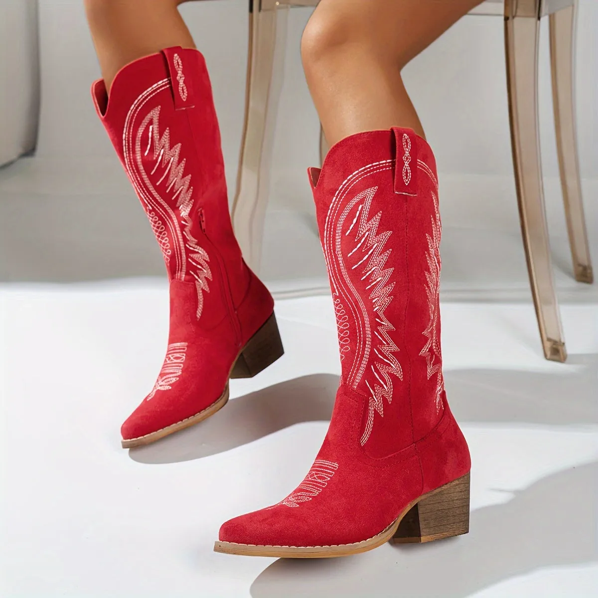 Women's Chunky Heel Cowboy Boots, Fashion Point Toe Dress Boots, Women's Stylish Mid Calf Boots